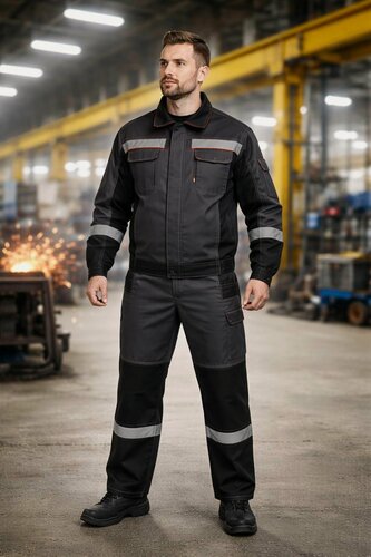 Изображение товара Костюм рабочий мужской (куртка + полукомбинезон) Norr спецодежда цвет: т. серый/черный состав:35%хб 65%пэ Размер: 52-54/170-176