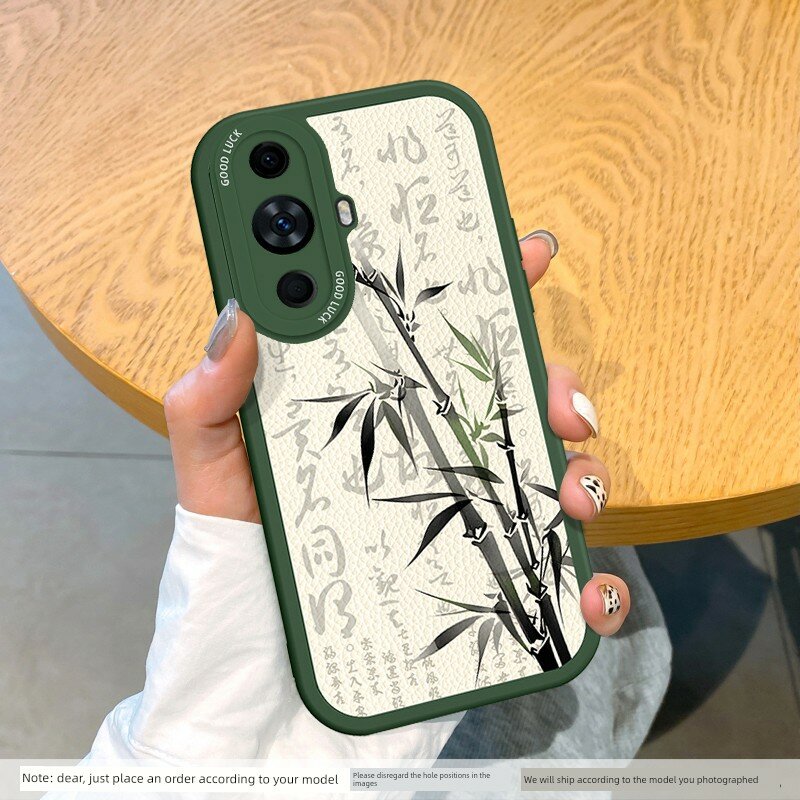 Huawei Nova 15 Мягкий силиконовый чехол темно-зеленый - Национальный стиль с каллиграфией и бамбуком в чернильной
