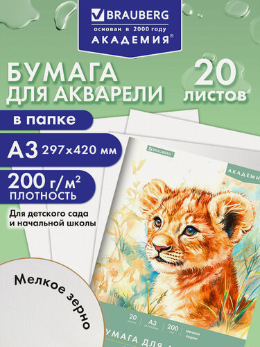 Изображение товара Бумага для акварели, для рисования А3, набор 20 листов в папке, 200 г/м2, 297х420 мм, Brauberg Академия Львенок, 117745