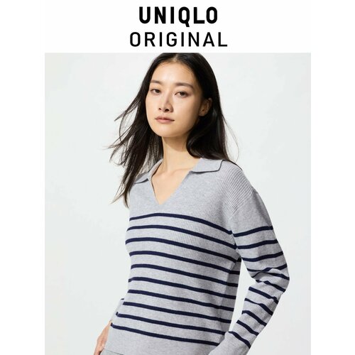 фото Свитер uniqlo washable knit ribbed polo sweater striped, 1 шт., размер m, , серый