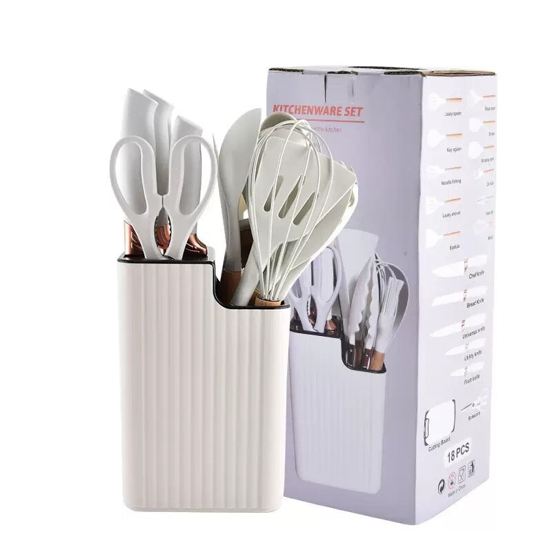 Набор силиконовых кухонных принадлежностей KITCHENWARESET — универсальный комплект для готовки, Набор из 18 предметов из силикона с вращающимся сиденьем, белого цвета.