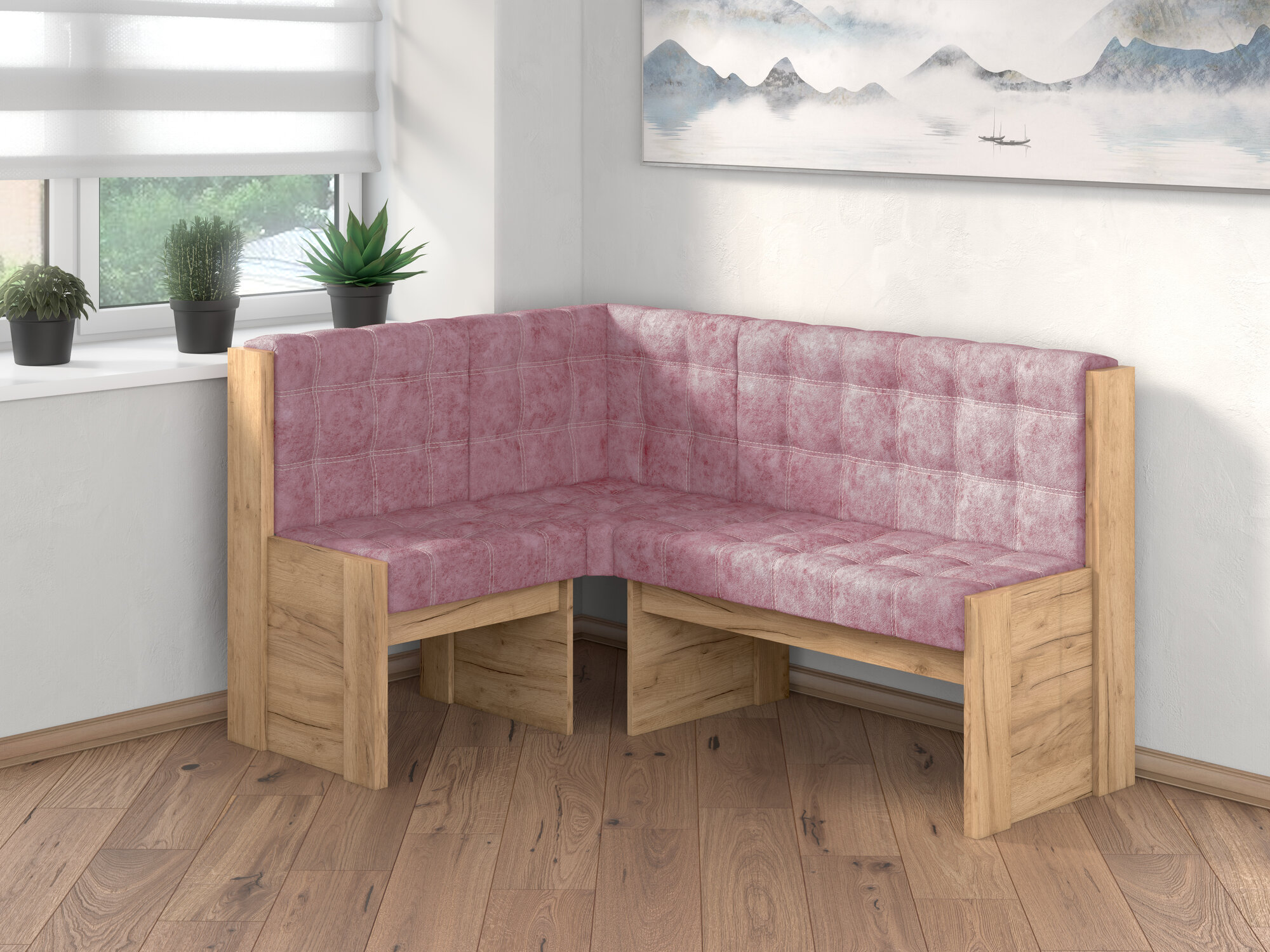 Скамья угловая Betel Квадро однотон ДУБ золотой крафт, велюр коралл