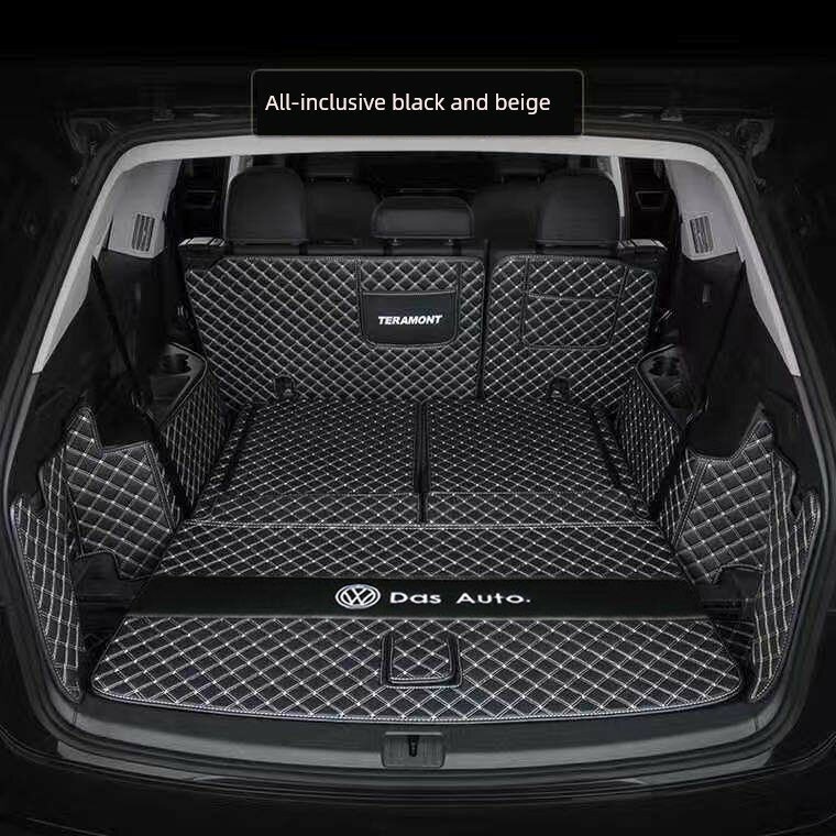 Автомобильный коврик для багажника Volkswagen Teramont PRO, черный с бежевыми швами, полная защита с боковыми карманами