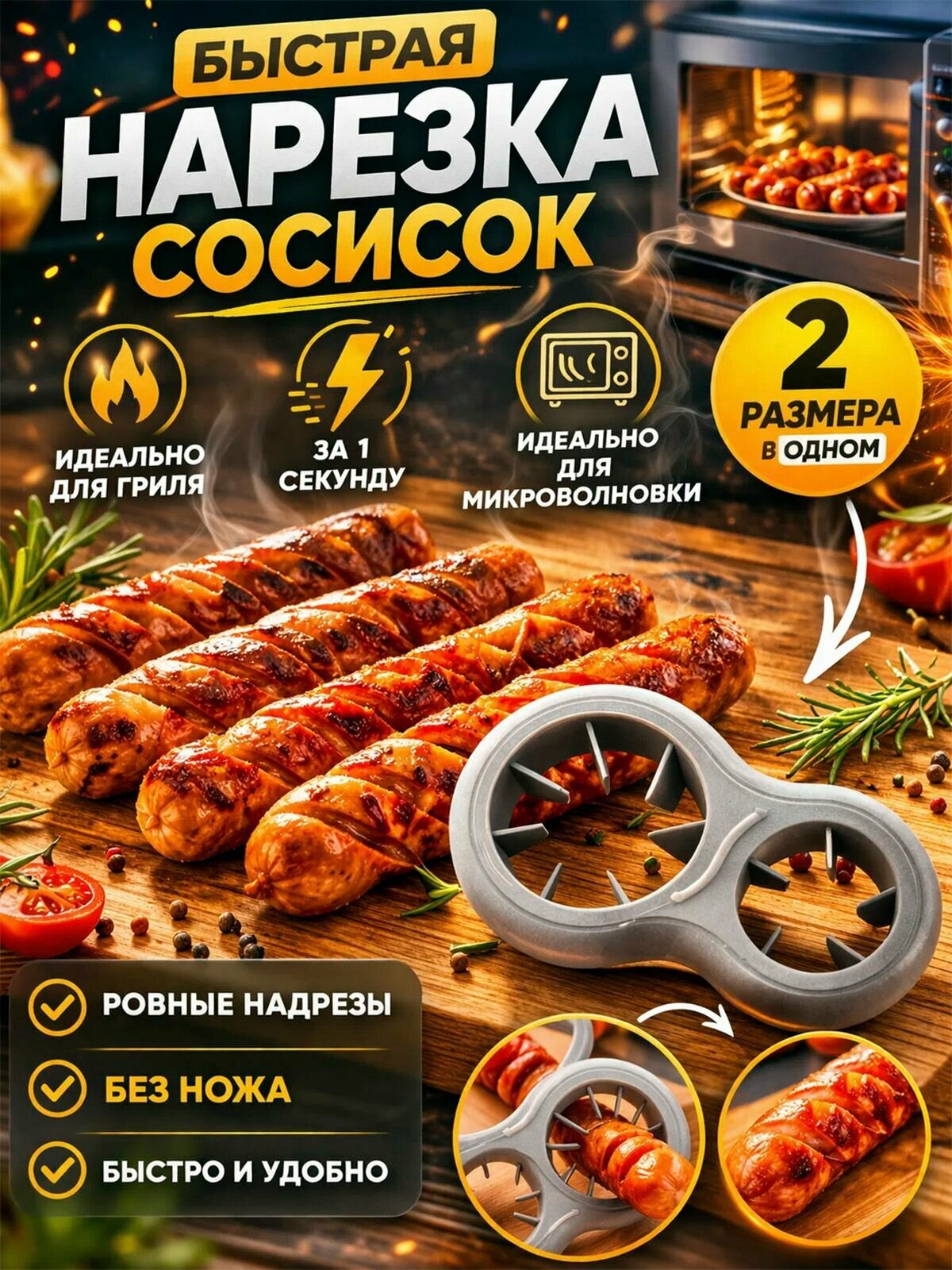 Нож для нарезки сосисок и колбасок 2 размера для гриля и кухни