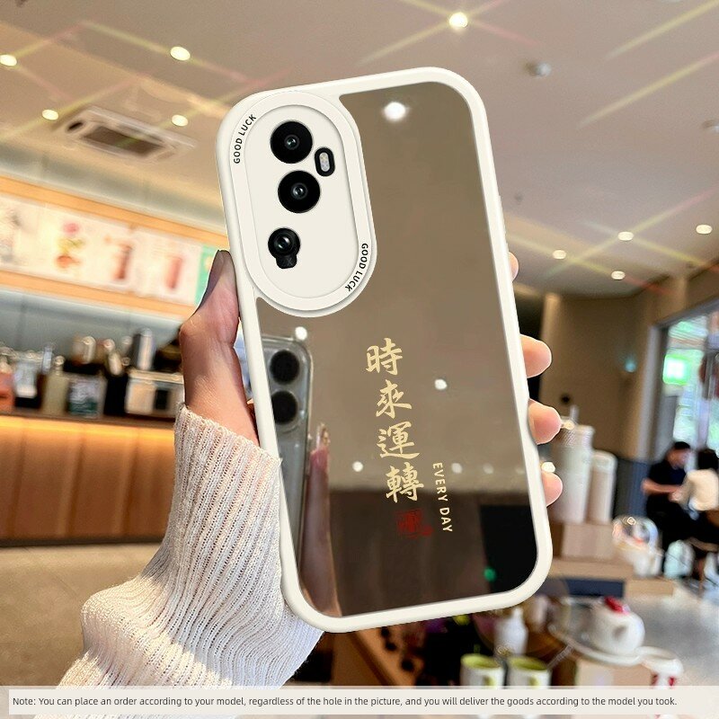 Чехол для OPPO Reno 9 Pro+ с зеркалом, кремовый, полная защита, мягкий силикон, защита от падений