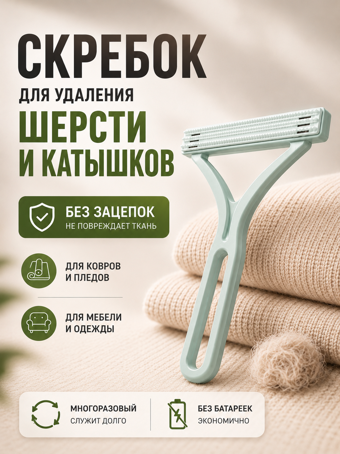 Щетка, скребок для одежды, удаления шерсти, ворса, катышков, для чистки мебели, зелёный