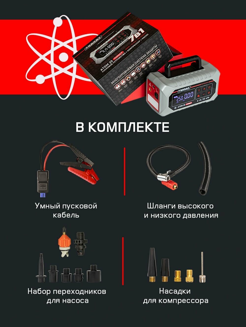 Пусковое устройство с компрессором Аврора Атом 25 турист 7в1 (Насос для сапборда, бустер 12В; 24000мАч; 88.8Вт*ч; 800А) — фото 1