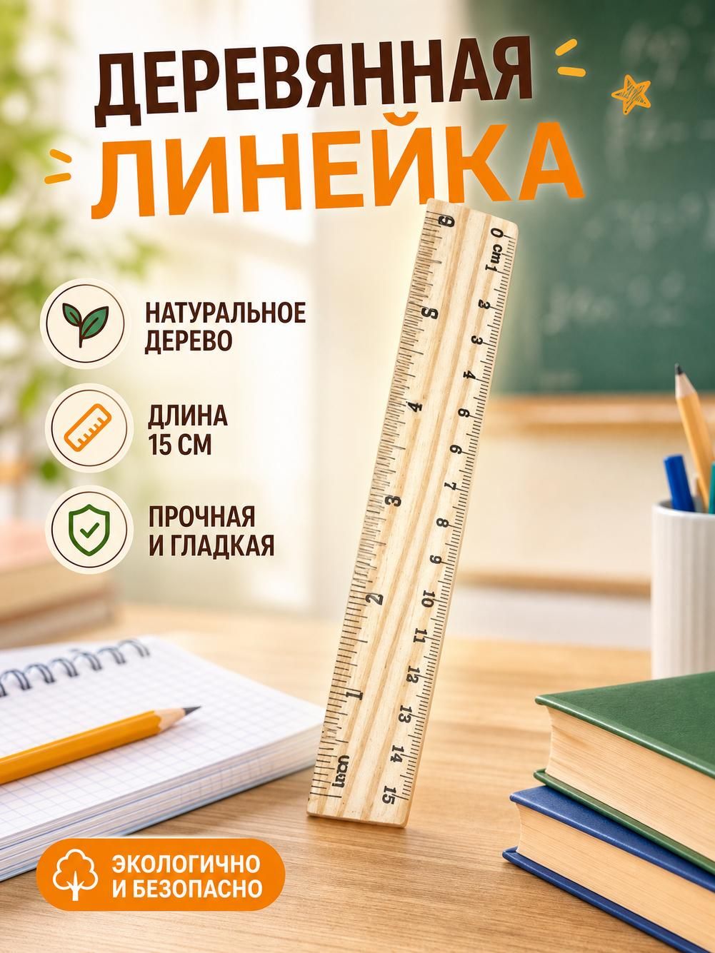 Линейка деревянная, 15 см, с двумя шкалами, для математики