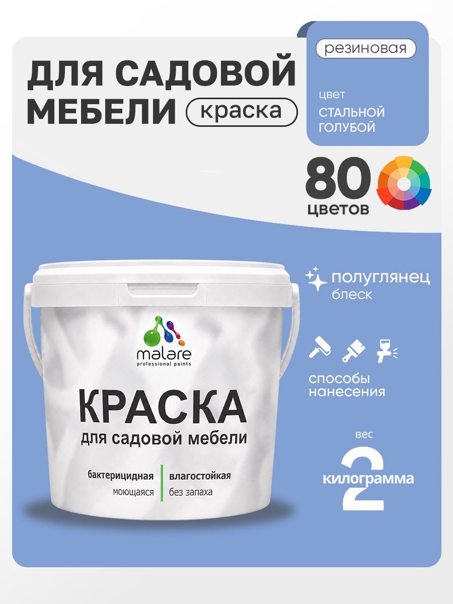 Резиновая краска Malare для садовой мебели/ по дереву, для наружных и внутренних работ/ быстросохнущая моющаяся без запаха полуглянцевая, стальной голубой, 2 кг