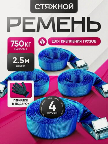 Изображение товара Стяжки для крепления груза 4 шт 25мм 2,5 метра 750 кг / Ремень стяжной с пряжкой фиксатором