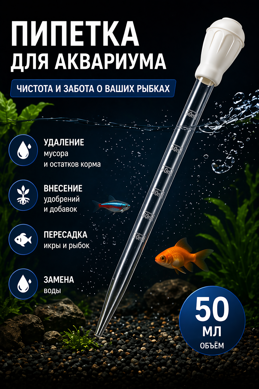 Сифон для аквариума пипетка с дозатором, 45 см, 50 мл, COLOR Si