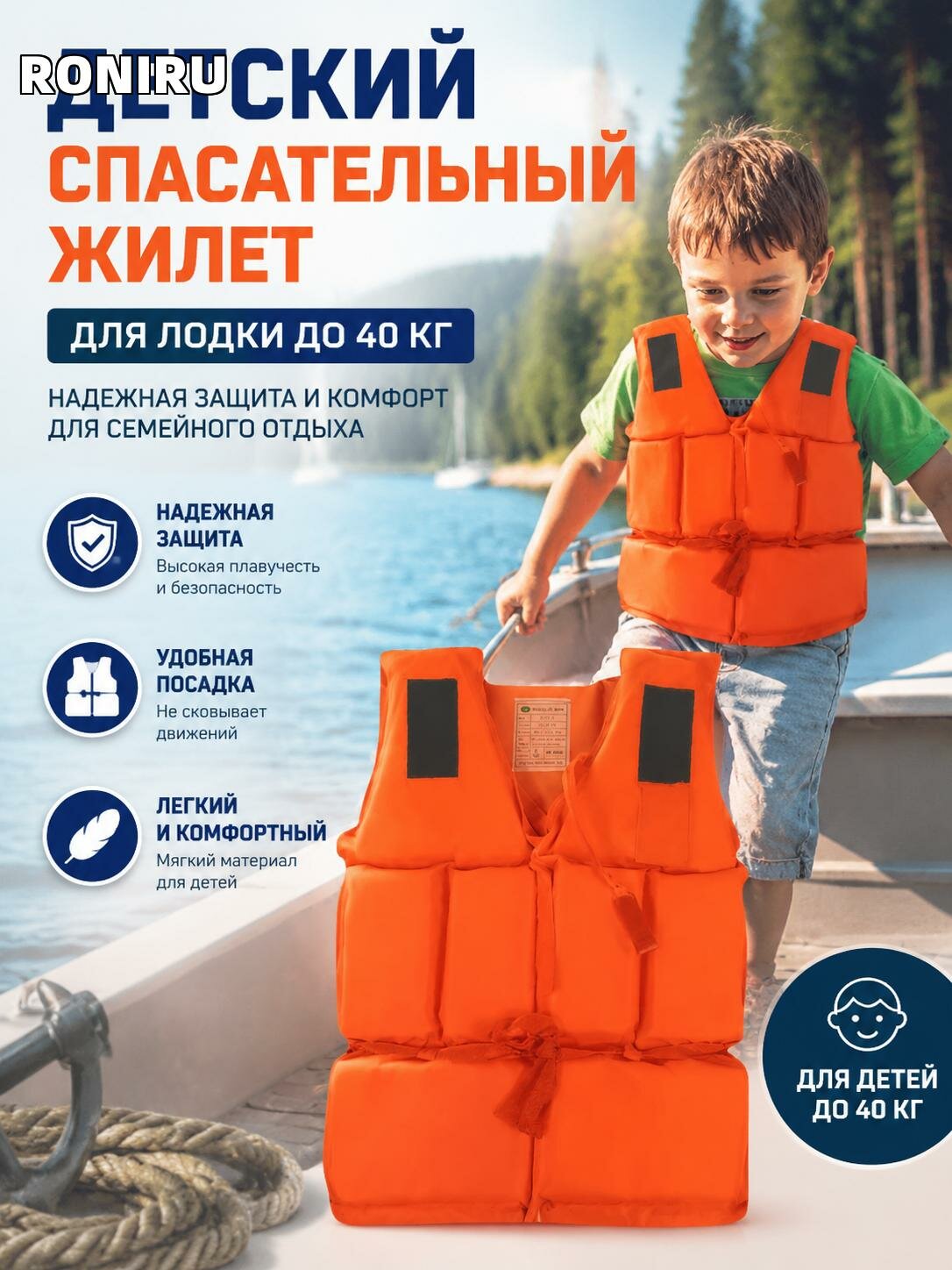 Детский спасательный жилет для лодки до 40 кг с подголовником — надежная защита и комфорт для семейного водного отдыха