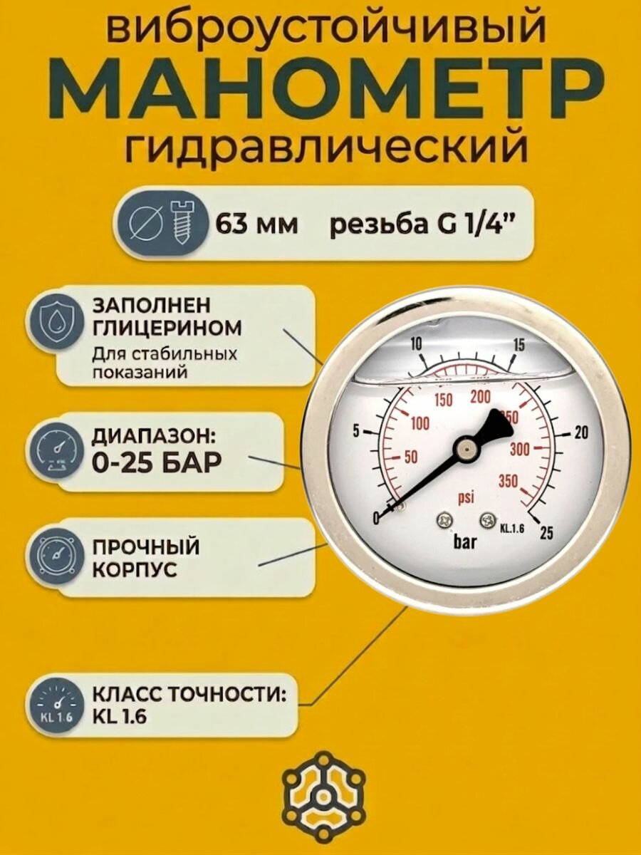 Манометр гидравлический 25 бар 63мм резьба G1/4 виброустойчивый, осевой, 63P25. MGE HS