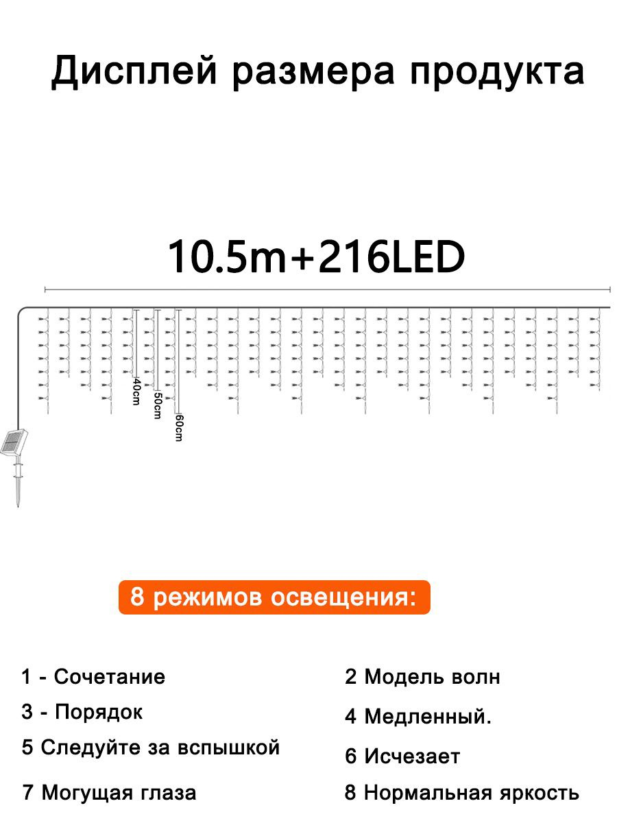 Светильник садовый на солнечной батарее уличный 216 лампы, IP65, Форма ледяного столба гирлянда, для дворов, газонов, балконов, садов, карнизов