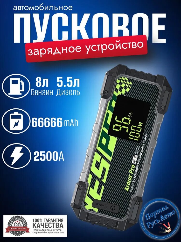 Пусковое устройство бустер Yesper 66666 mAh 2500A 12В Портативное пуско-зарядное устройство для автомобиля