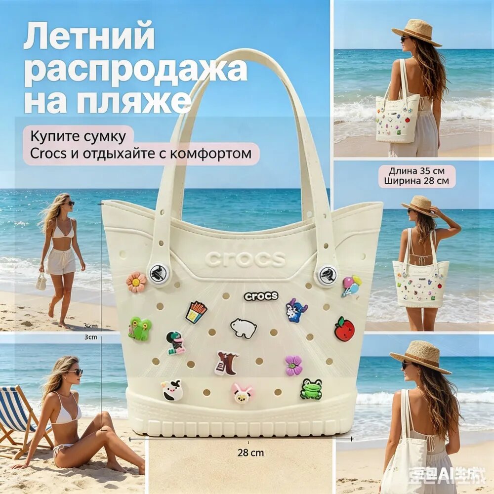 Сумка пляжная белая из материала EVA с декоративными шипами, длина 35 см, ширина 28 см