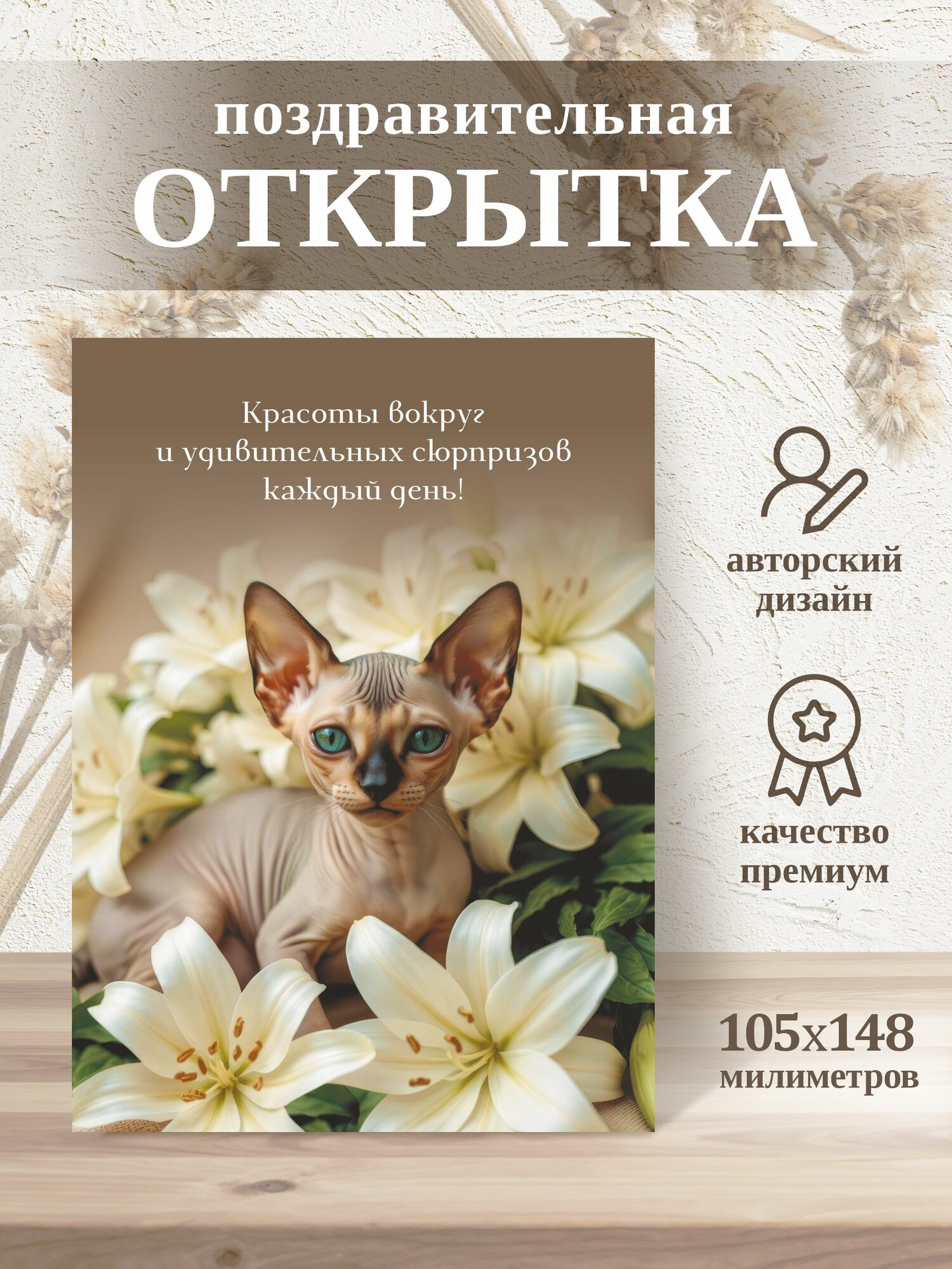 Открытка с днем рождения, авторская поздравительная карточка А6 "Мой сфинкс" с конвертом для денег сертификата, дополнение к подарку