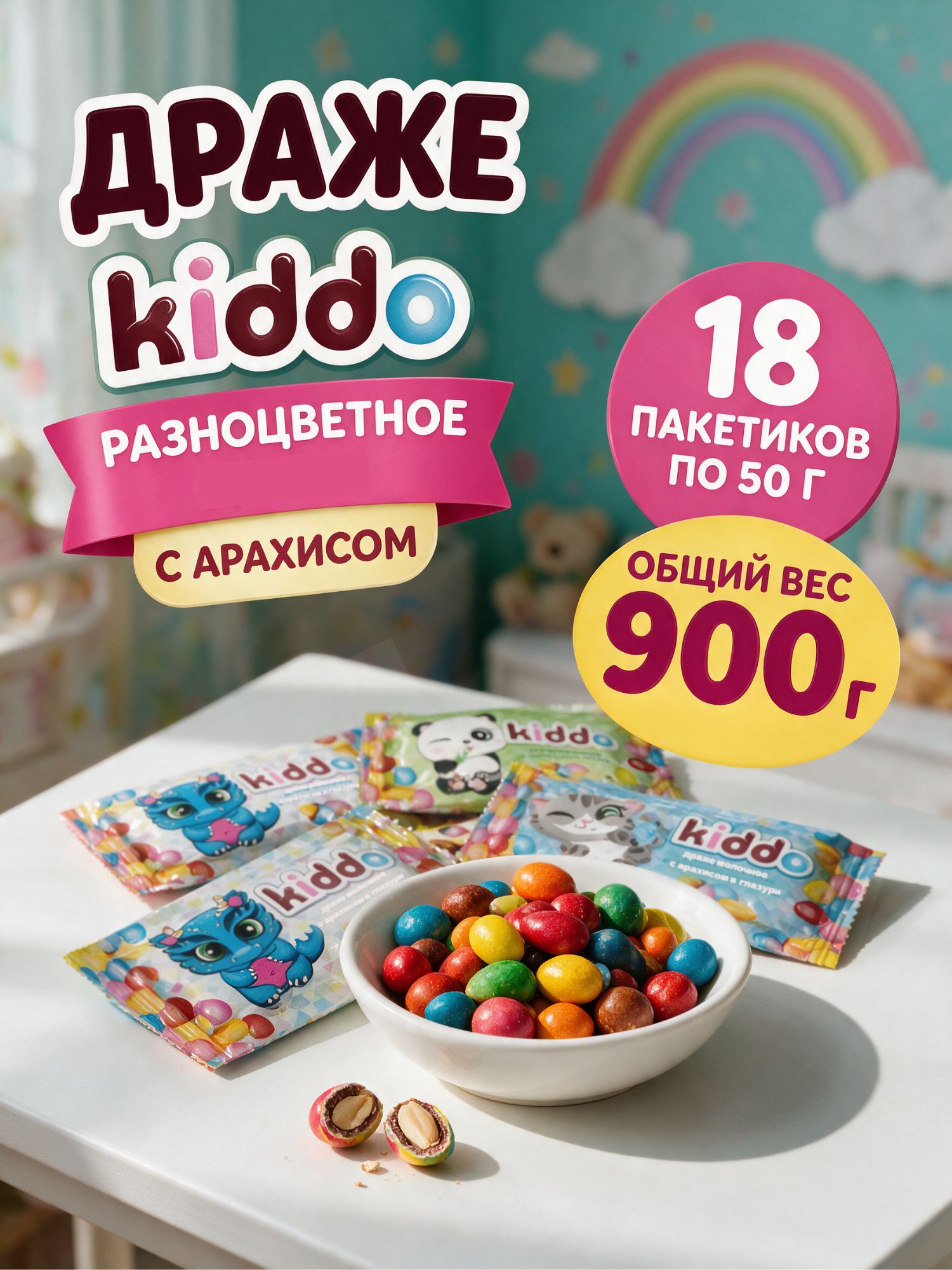 Драже Kiddo с арахисом в молочной кондитерской оболочке и цветной сахарной глазури, 18 шт. по 50 г, 900 г