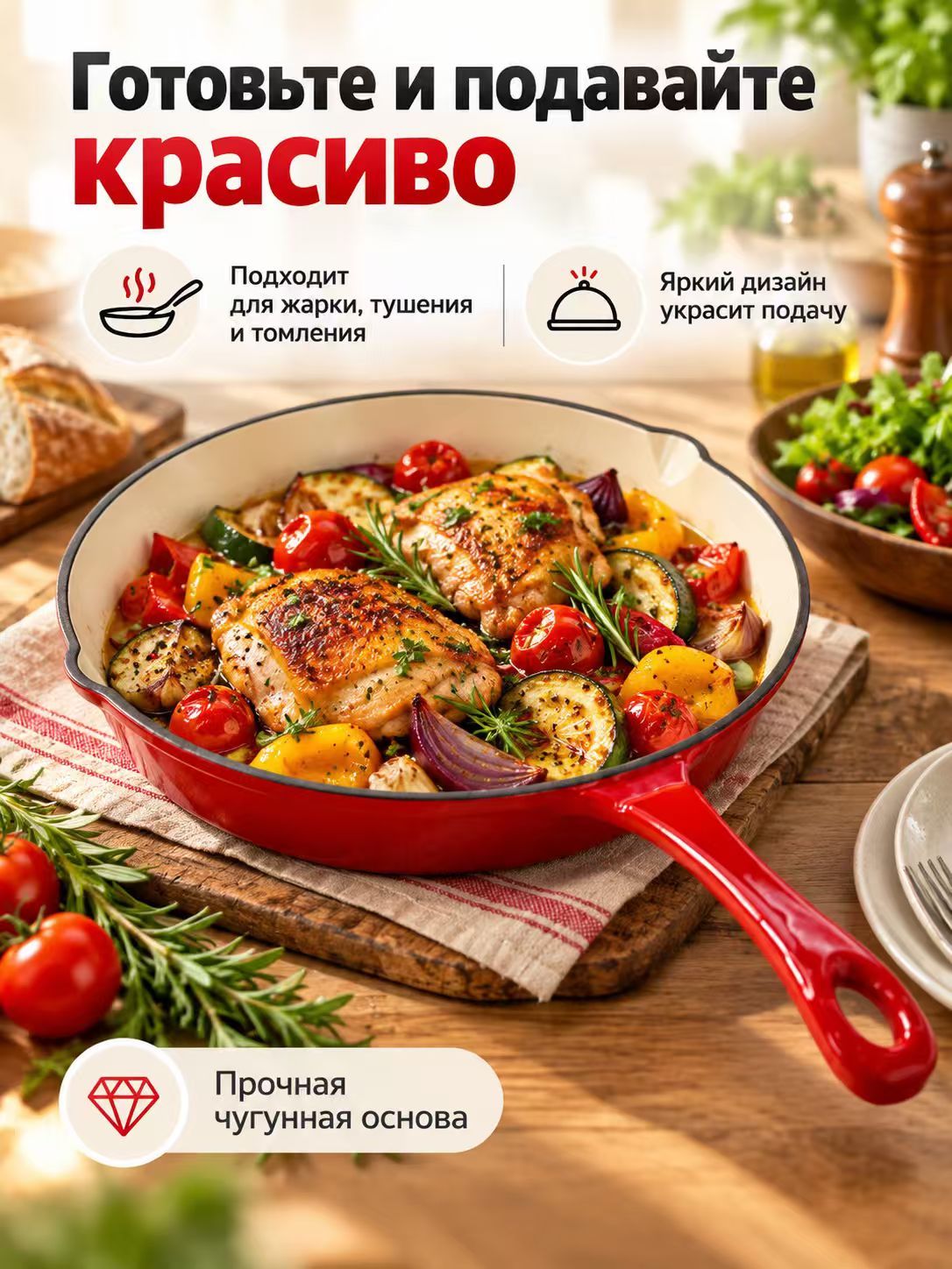 Сковорода для оладий 40.5 сантиметров, чугунная с антипригарным покрытием, красная, фиксированная ручка