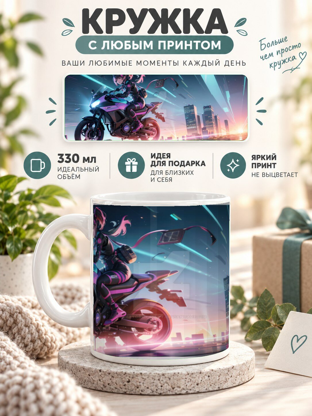 Кружка MoodRoom 330 мл, керамическая, глянцевая, с принтом аниме-девушки, дизайн UG33035127