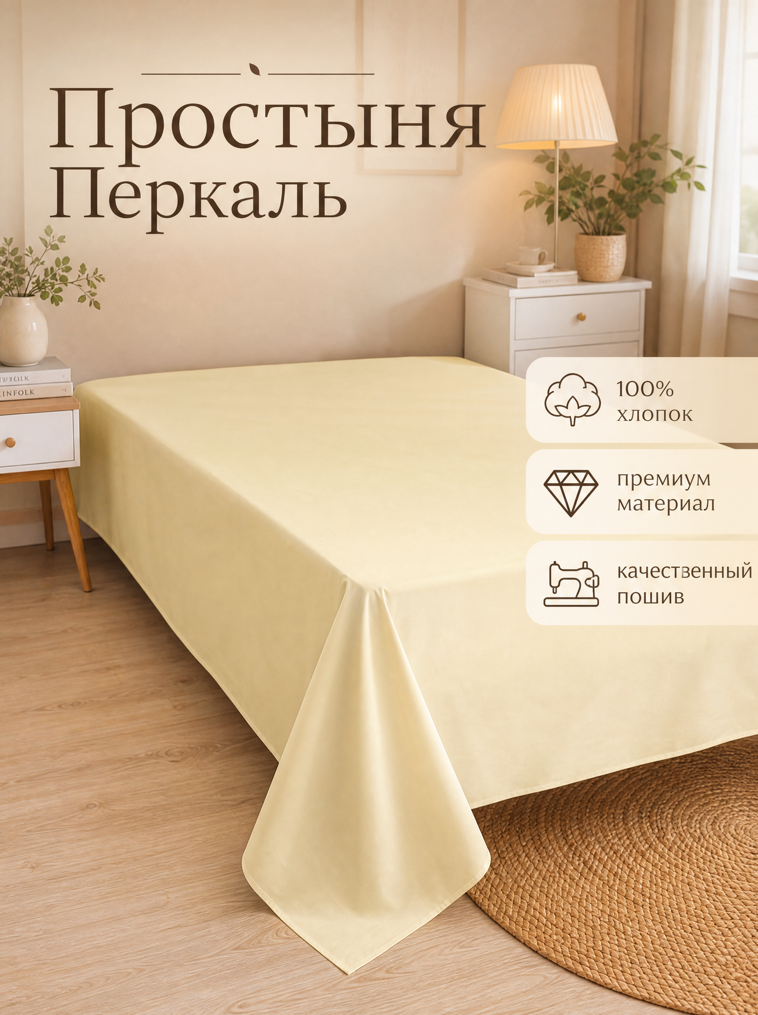Простыня классическая, 240х220см, поплин, хлопок 100%, "Пастельно-желтый"
