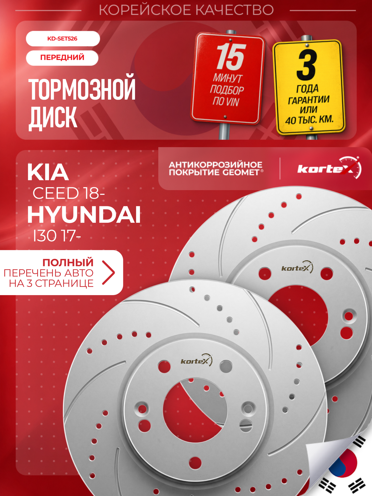 Комплект тормозных дисков, передних для Kia Ceed/ ProCeed/ XCeed, Hyundai i30, d288 мм, перфорированные с насечками, Geomet, 2 шт.
