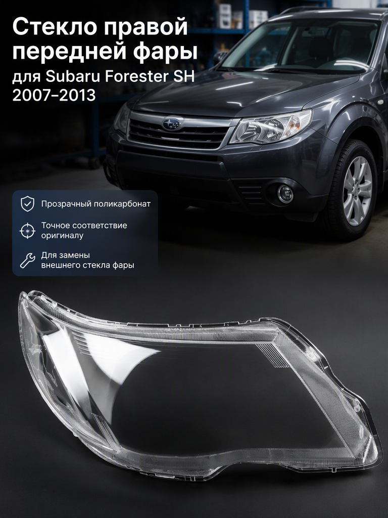 Стекло правой передней фары Subaru Forester SH (2007–2013), поликарбонат, прозрачное для замены