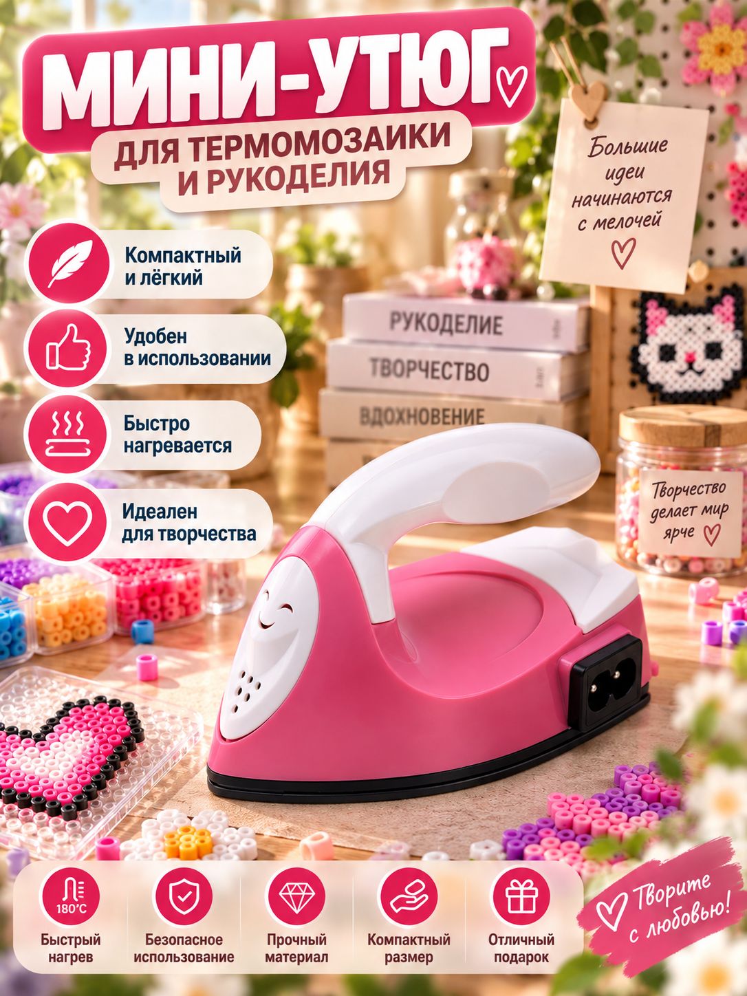 Мини-утюг для термомозаики (плавления бисера) чёткое назначение: рукоделие, детское творчество, нагрев 20 с, 35 Вт, евровилка