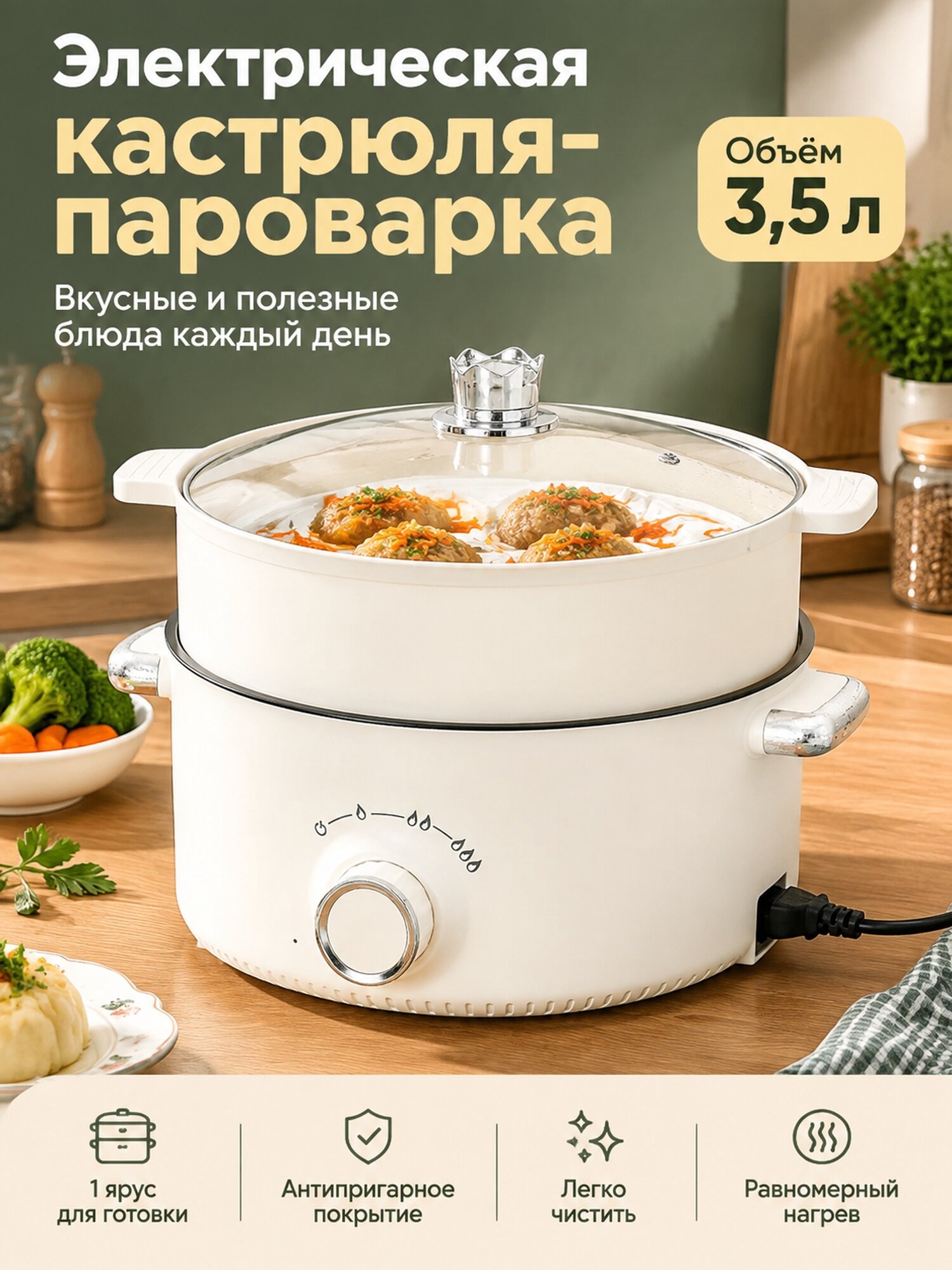 Электрическая кастрюля-пароварка 3,5 л с антипригарным покрытием, 1 ярус
