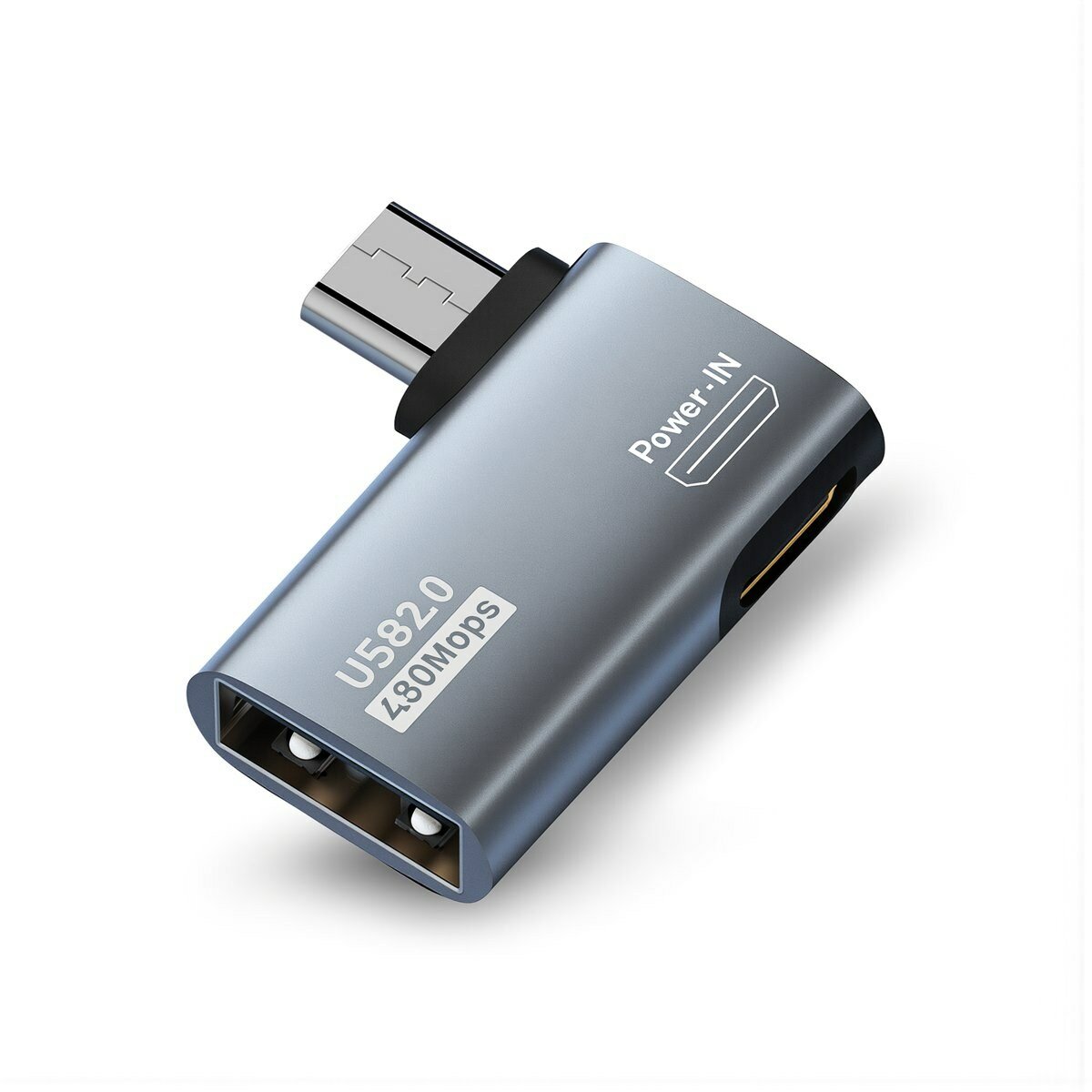 Переходник Micro USB OTG на USB 2.0 A-female угол 90 градусов левый с портом питания для подключения внешних дисков клавиатур и мышей