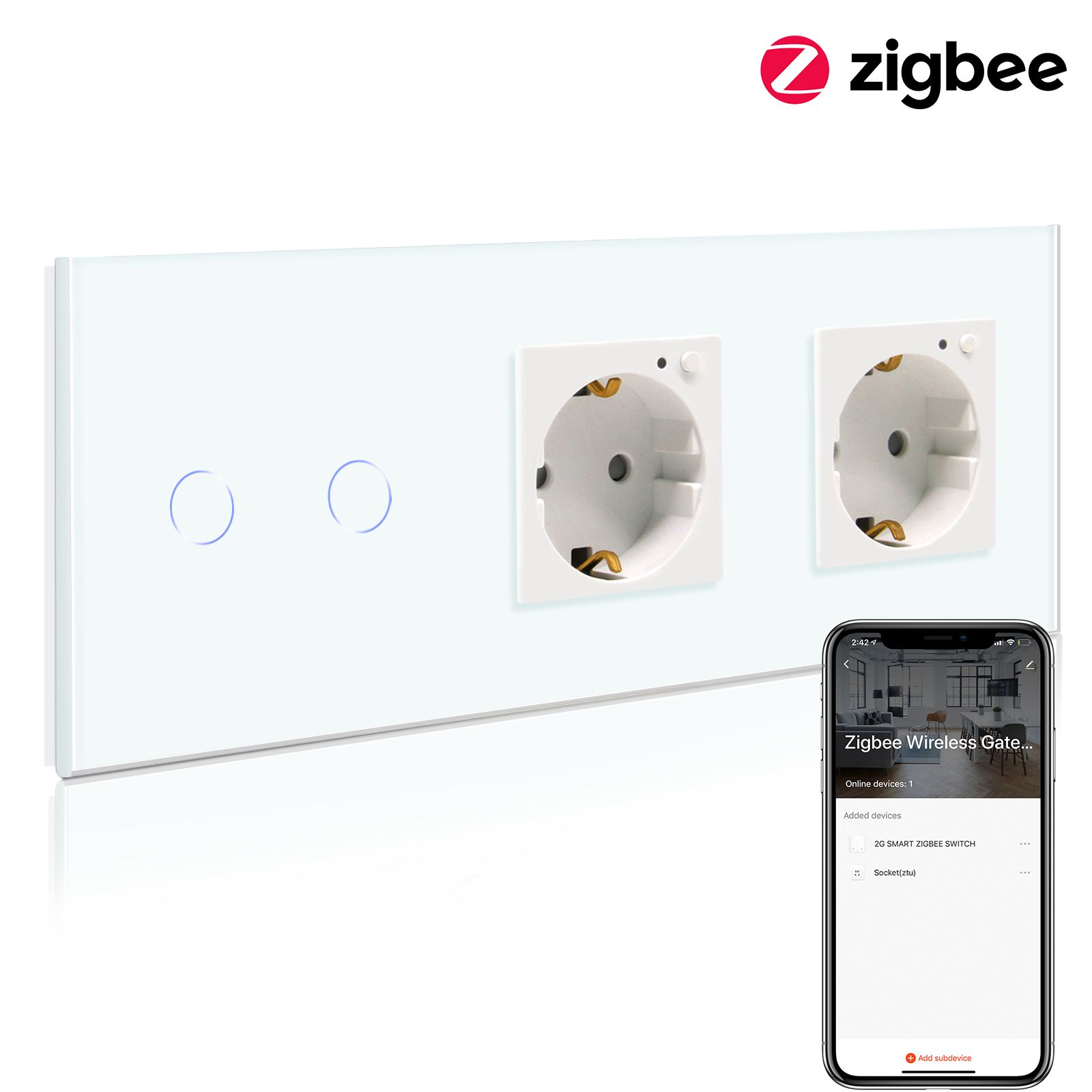 Сенсорный выключатель умный с двумя розетками с Zigbee,2 клавиша 2 розетки, с Алисой, голосовое управление, панель стекло Белая,228mm