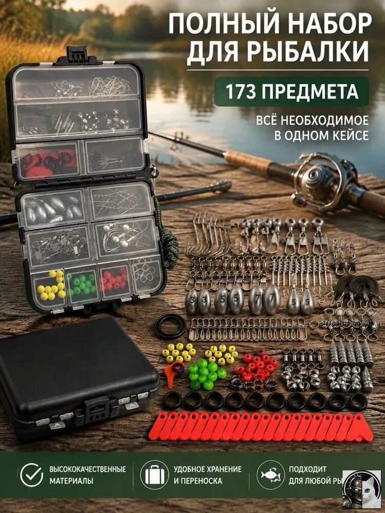 Набор рыбацких аксессуаров 173 шт в пластиковом кейсе, крючки, джиг-головки, крючки, джиг-головки грузила, вертлюги, застежки для спиннинговой ловли