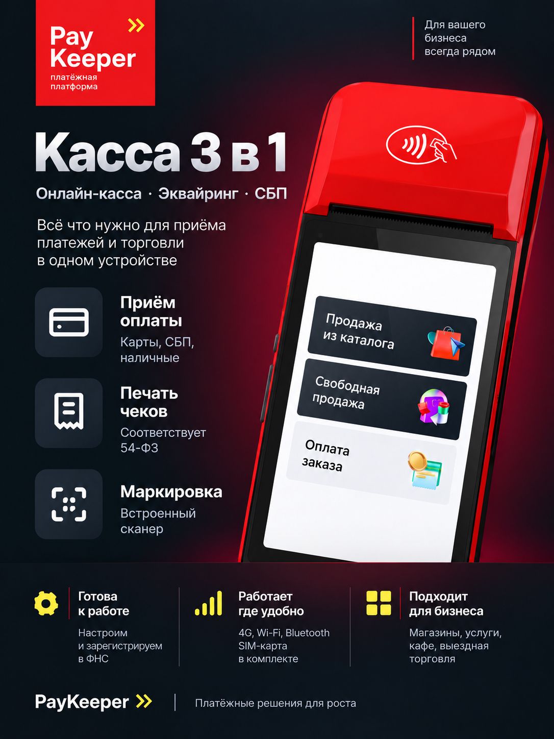 Смарт терминал Касса 3в1 от PayKeeper с ФН-1.2М на 15 мес. + ОФД на 12 мес.