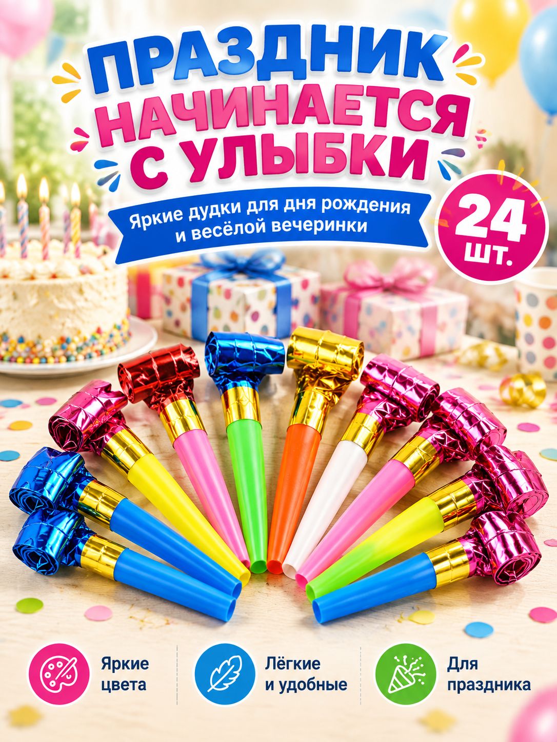 Карнавальный язычок, дудка, набор 24 шт.