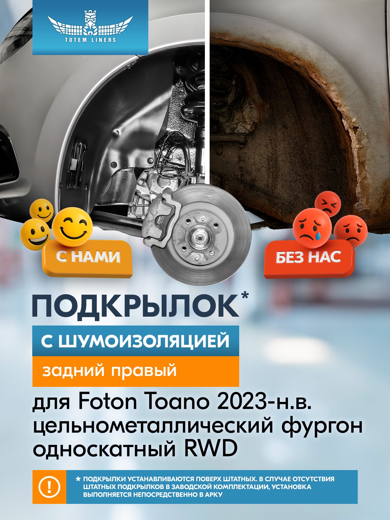 Подкрылок с шумоизоляцией для FOTON Toano 2023-н. в. односкатный (I) задний правый (Фотон Тоана) Цельнометаллический фургон RWD - TOTEM.S