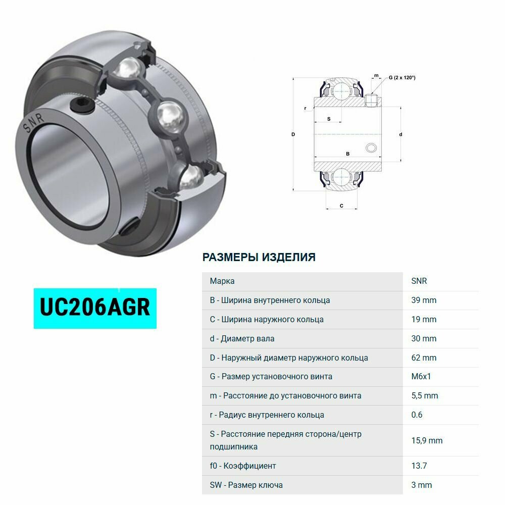 UC206AGR SNR Оцинкованный корпусной подшипник, сферический наружный диаметр, фиксируется установочный винтом, уплотнение AGR, смазан на весь срок службы. Для агротехники и особо грязных условий.