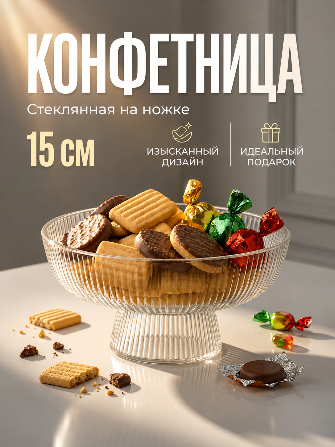 Конфетница ребристая, стеклянная на ножке, круглая, декоративная 15 см