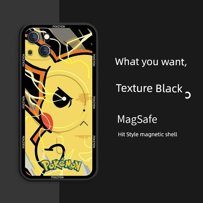 Чехол из силикона с магнитным креплением для iPhone 15 Pro с дизайном Пикачу в матовом черном, высококачественный