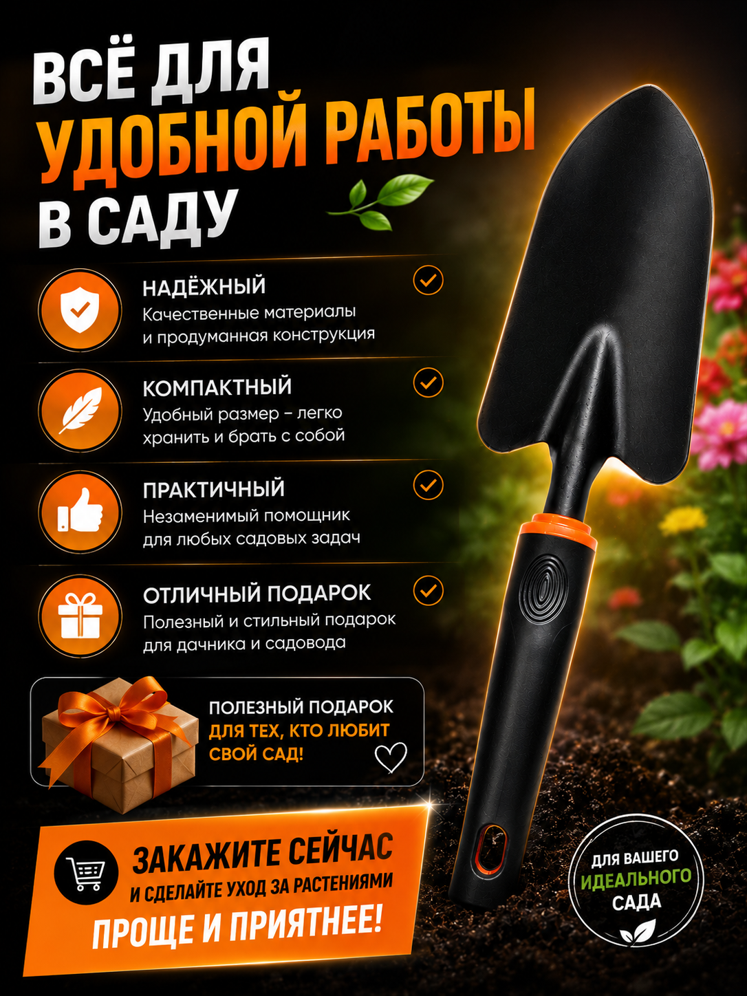 Садовый совок лопатка металлическая 32 см , для посадки и пересадки — фото 1