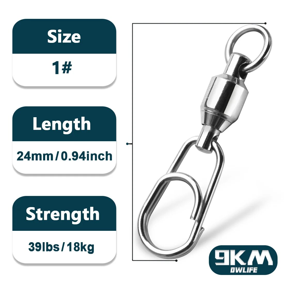 9KM Вертлюг для рыбалки, Size 1, 24мм, 39lbs