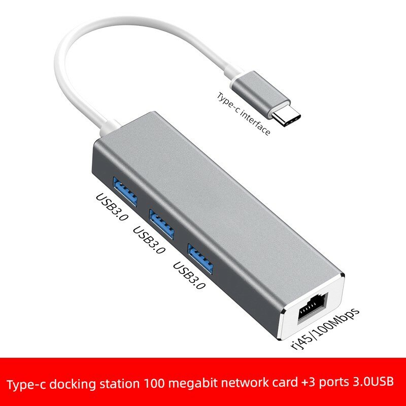 Адаптер 0,15 метра с разъемом Type-C к USB Ethernet и тремя портами USB 3.0, серый для ноутбуков