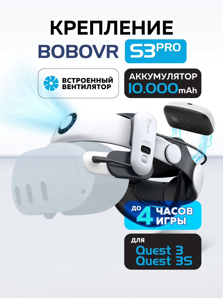 BoboVR S3 Pro крепление Oculus Quest 3 и 3S аксессуары с аккумулятором 10000 mAh и вентиляцией