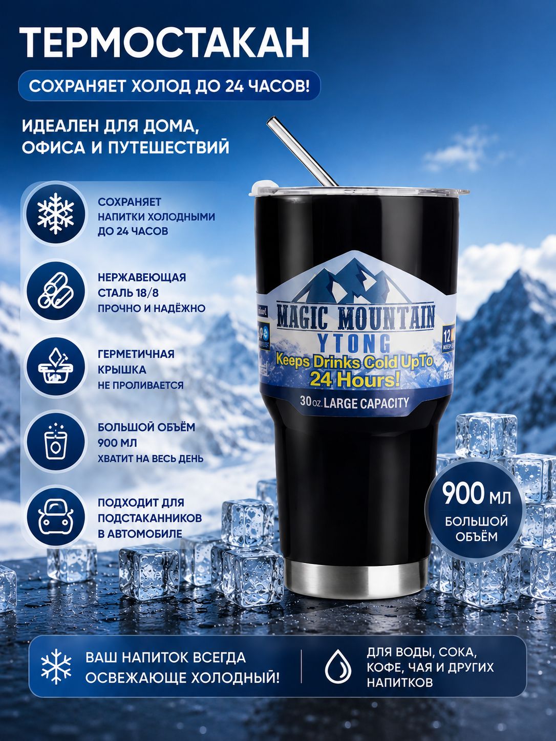 Термостакан 900 мл с трубочкой и крышкой, термокружка для автомобиля, офиса и путешествий