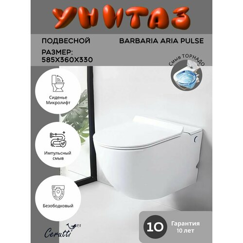 фото Подвесной унитаз ceruttispa barbaria aria pulse (585х360х330) импульсный, безободковый, микролифт, белый