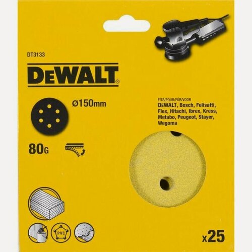 Изображение товара Шлифовальные круги DEWALT DT3133, 150 мм, 6 отверстий, 80G, 25 шт.