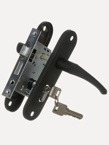 Изображение товара Замок врезной Зенит ЗВ4-50.01 с ручкой, цилиндровый, матовый черный, 5 ключей, межосевое расстояние 50 мм, Россия