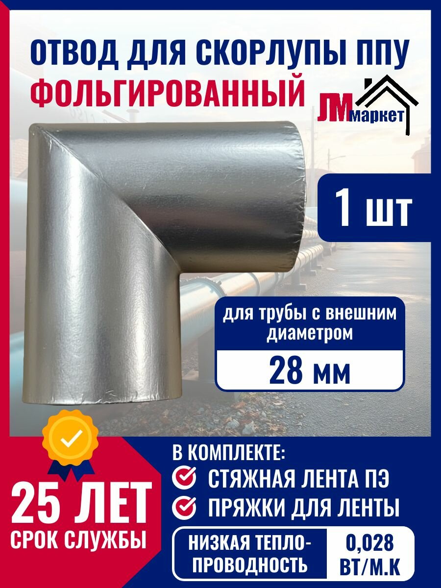 Утеплитель для труб, без фольги, скорлупа ППУ, отвод 90 гр. для трубы с внешним диаметром 28 мм