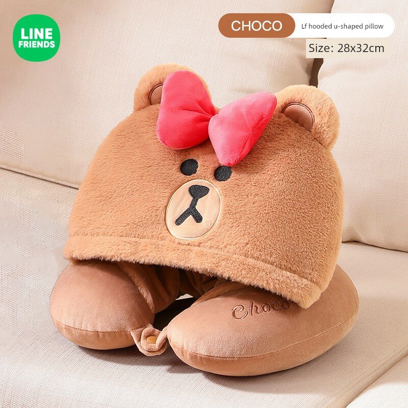 LINE FRIENDS Шоколадная худи-подушка U-образная для шеи в поездку - компактная подушка для автомобиля
