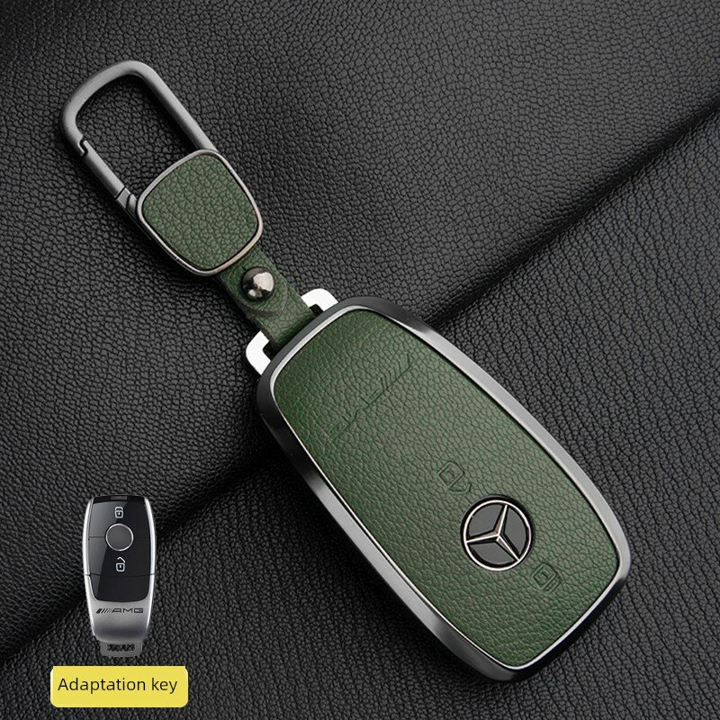 Чехол для ключей Mercedes AMG из французской козьей кожи, цвет оливковый, 2 кнопки, стиль с квадратной застежкой