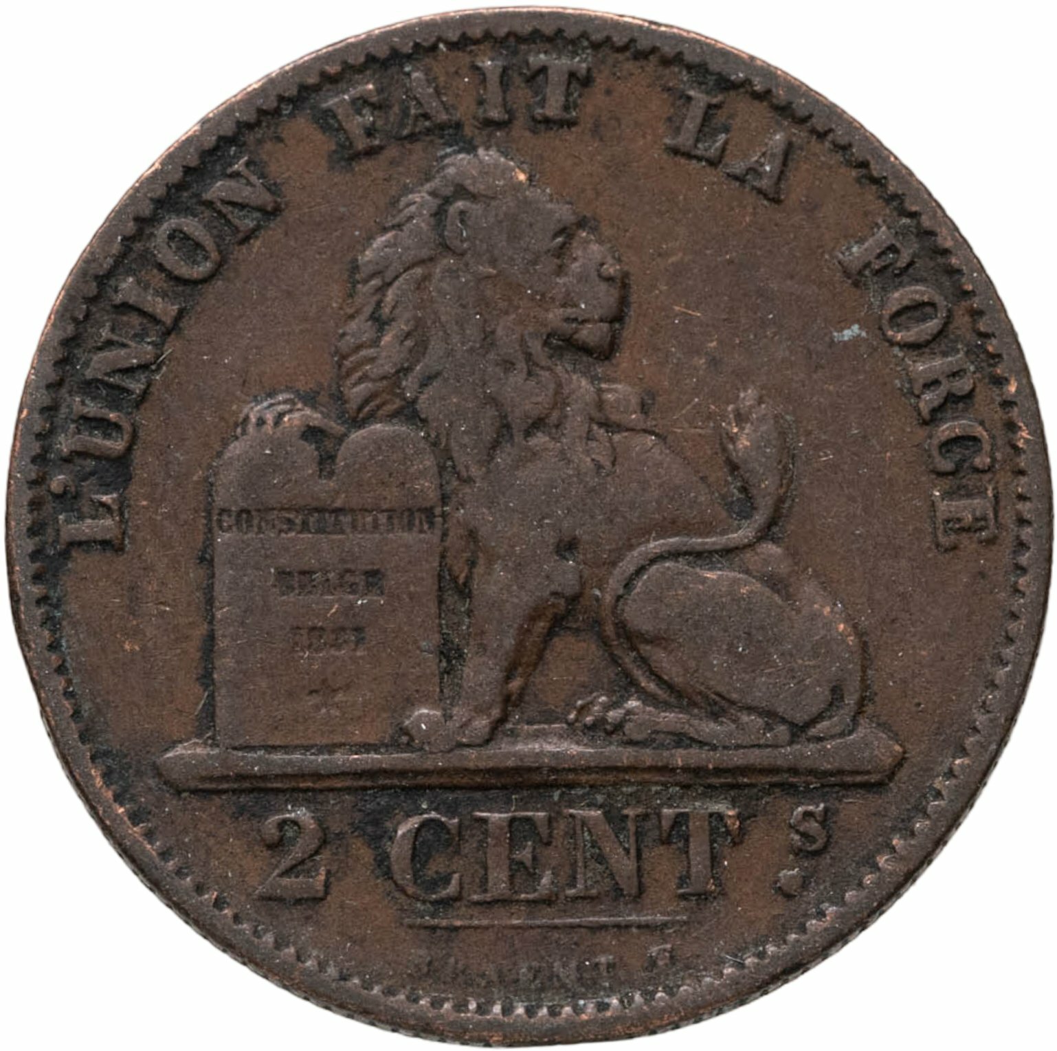 Бельгия 2 сантима centimes 1876 Надпись на французском - 'DES BELGES', Медь, в сохранности VF